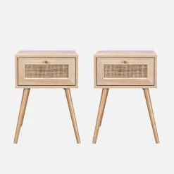 Set 2 comodini effetto legno e cannage
