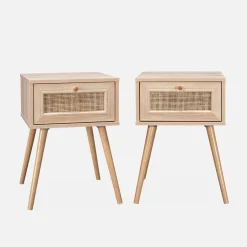 Set 2 comodini effetto legno e cannage