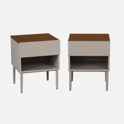 Set 2 comodini in metallo e decorazione in legno 1 anta 1 vano