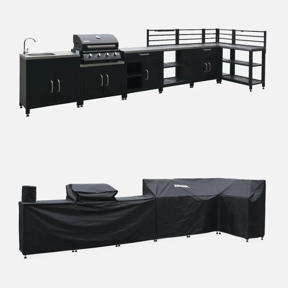 Set di 7 moduli da cucina con barbecue + copertura