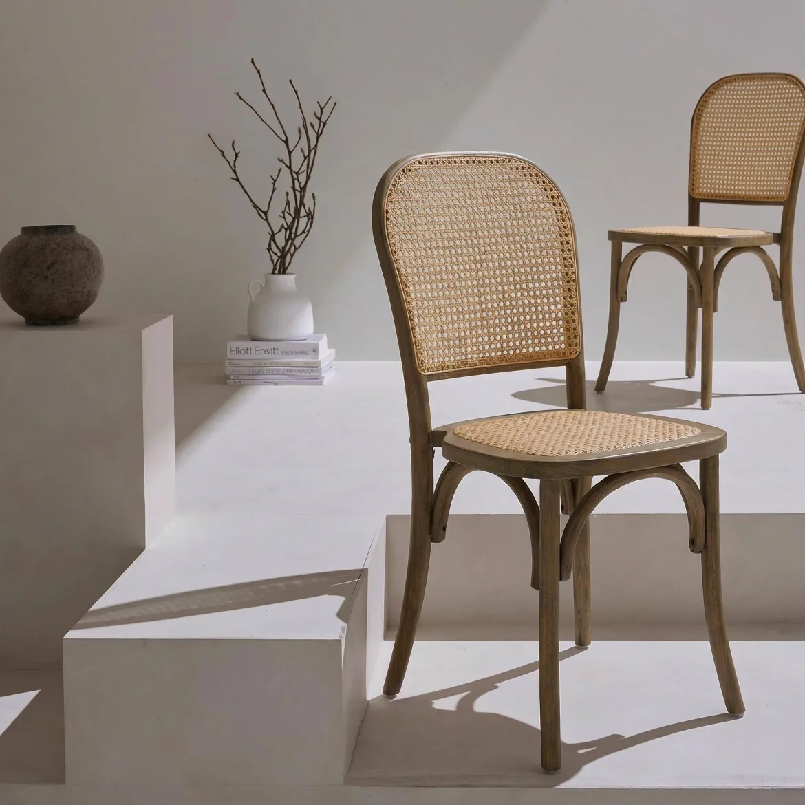 Set di 2 sedie vintage in legno e rattan