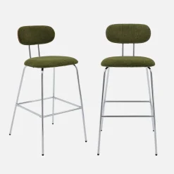 Set di 2 sgabelli da bar legno tinto noce e tessuto idrorepellente gambe in metallo cromato