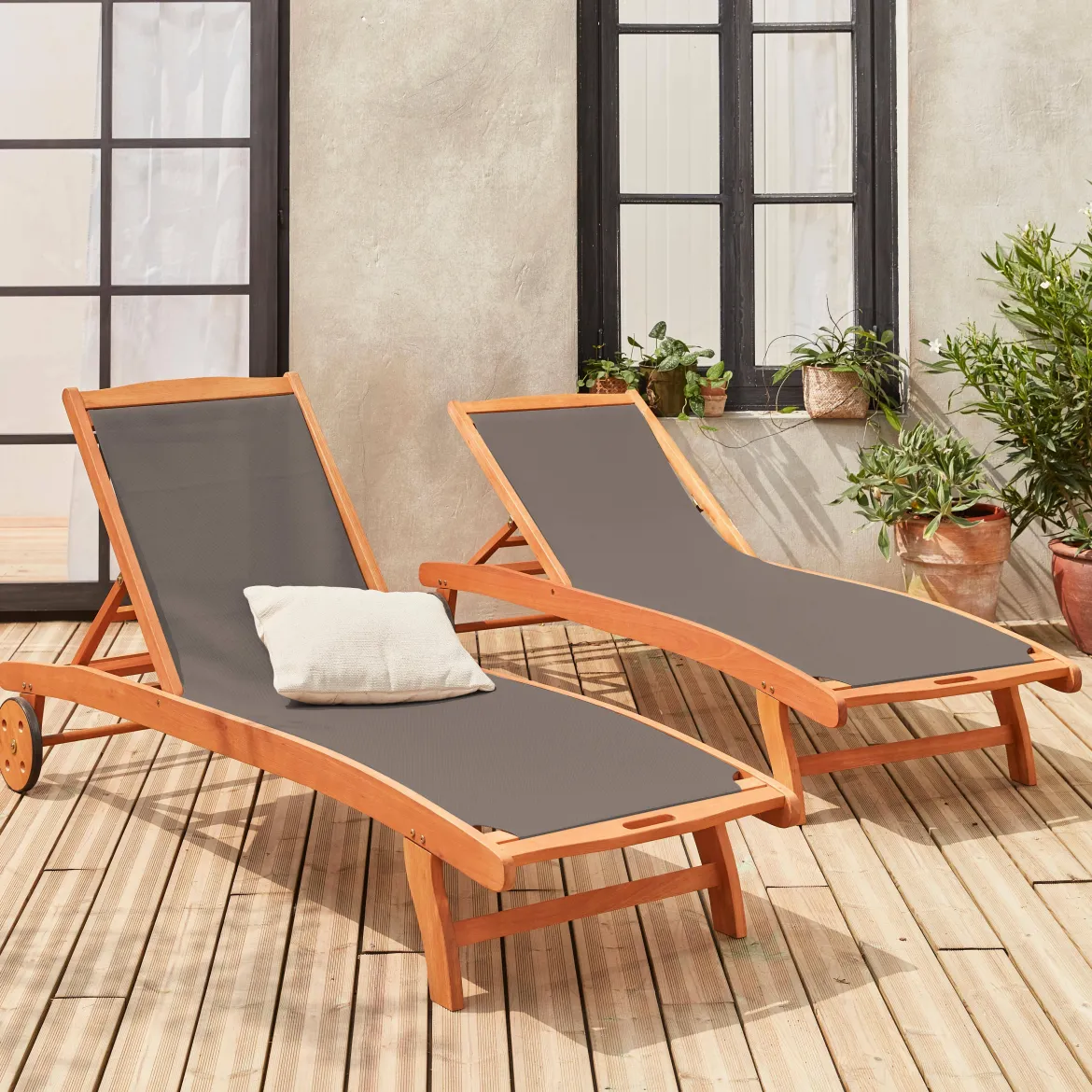 Set 2 lettini prendisole in legno multiposizione con ruote