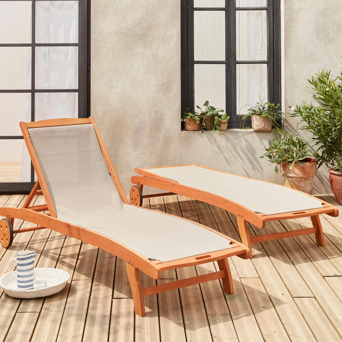 Set 2 lettini prendisole in legno multiposizione con ruote
