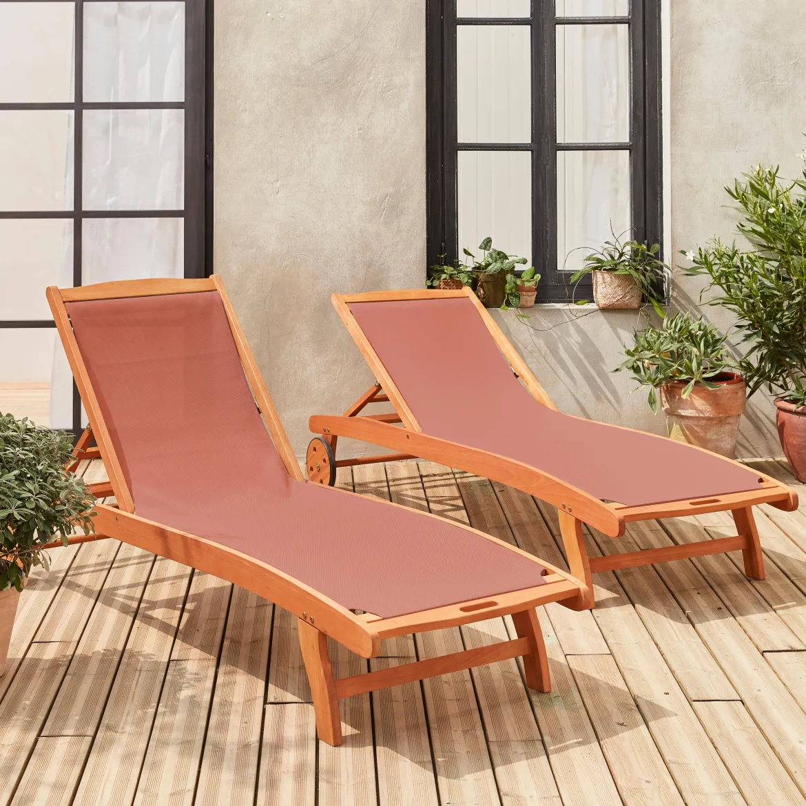 Set 2 lettini prendisole in legno multiposizione con ruote