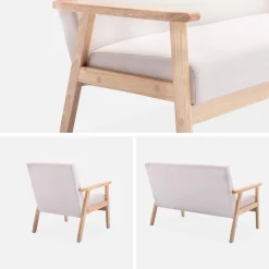 Set panca e poltrona in legno e tessuto, 3 posti