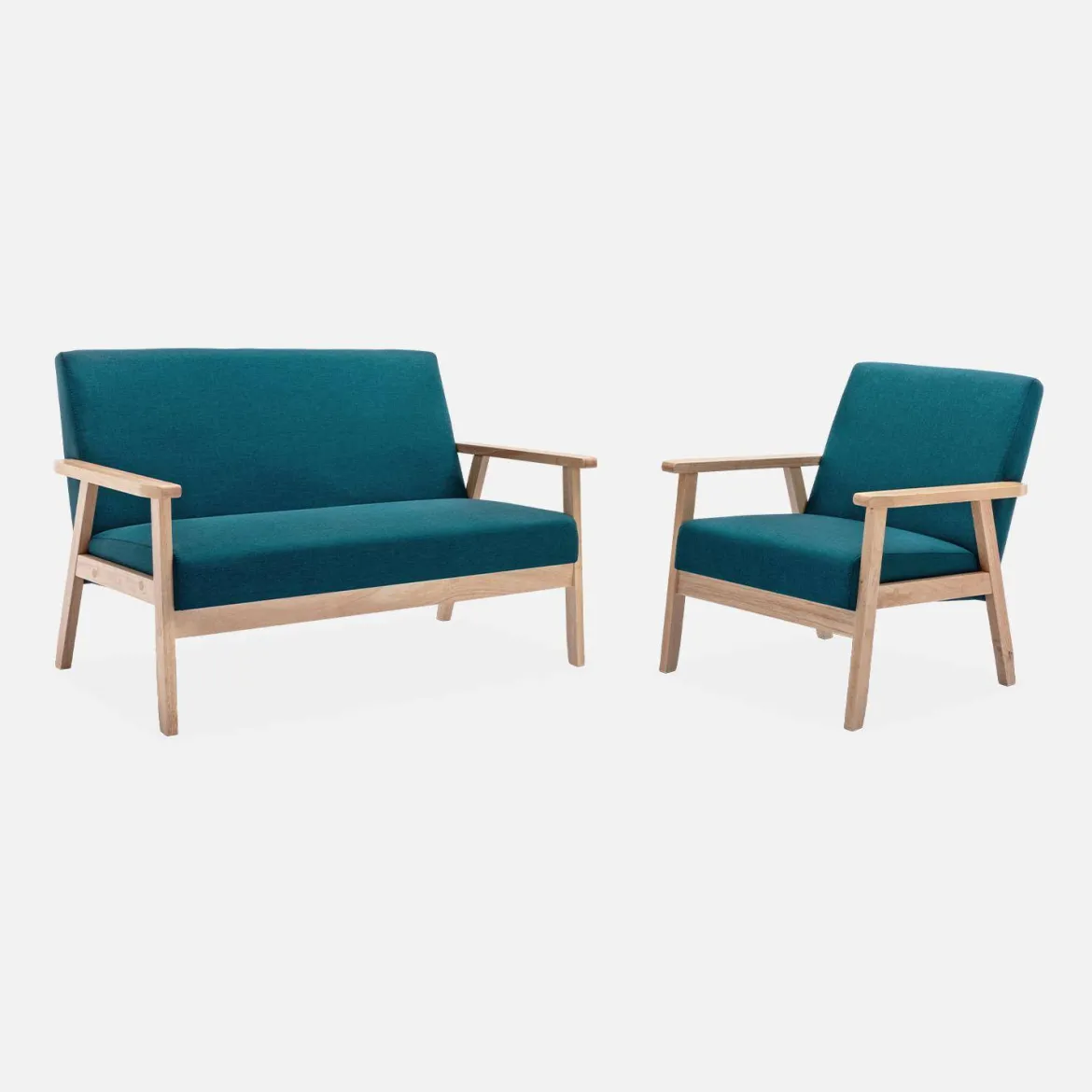 Set panca e poltrona in legno e tessuto, 3 posti