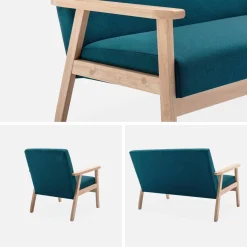 Set panca e poltrona in legno e tessuto, 3 posti