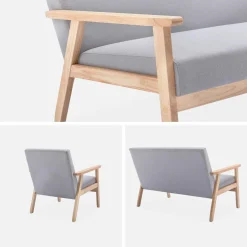Set panca e poltrona in legno e tessuto, 3 posti