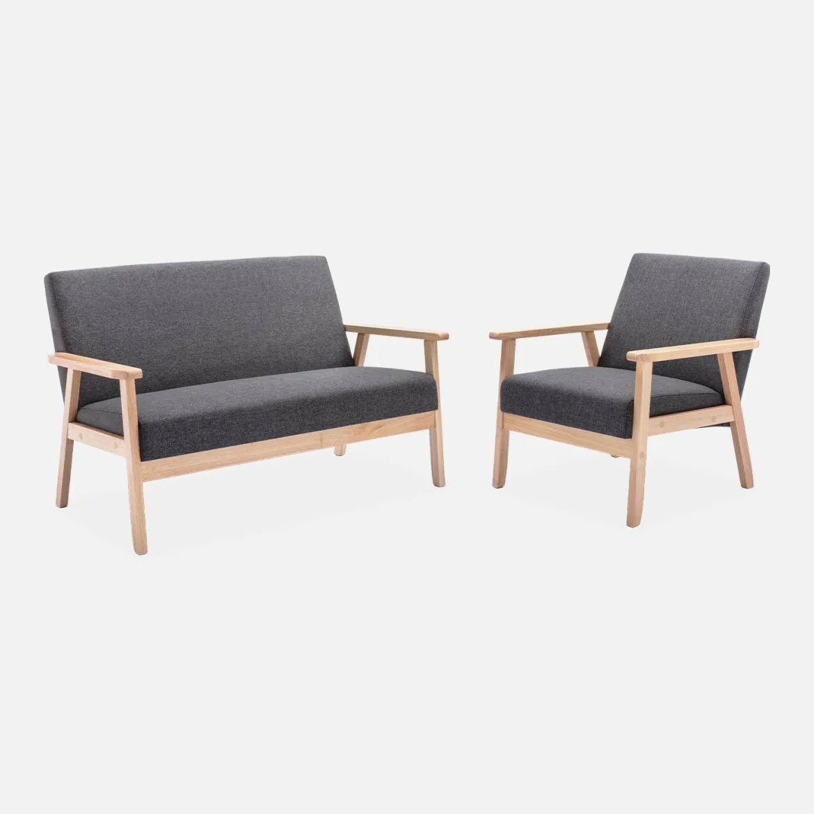 Set panca e poltrona in legno e tessuto, 3 posti