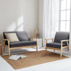 Set panca e poltrona in legno e tessuto, 3 posti