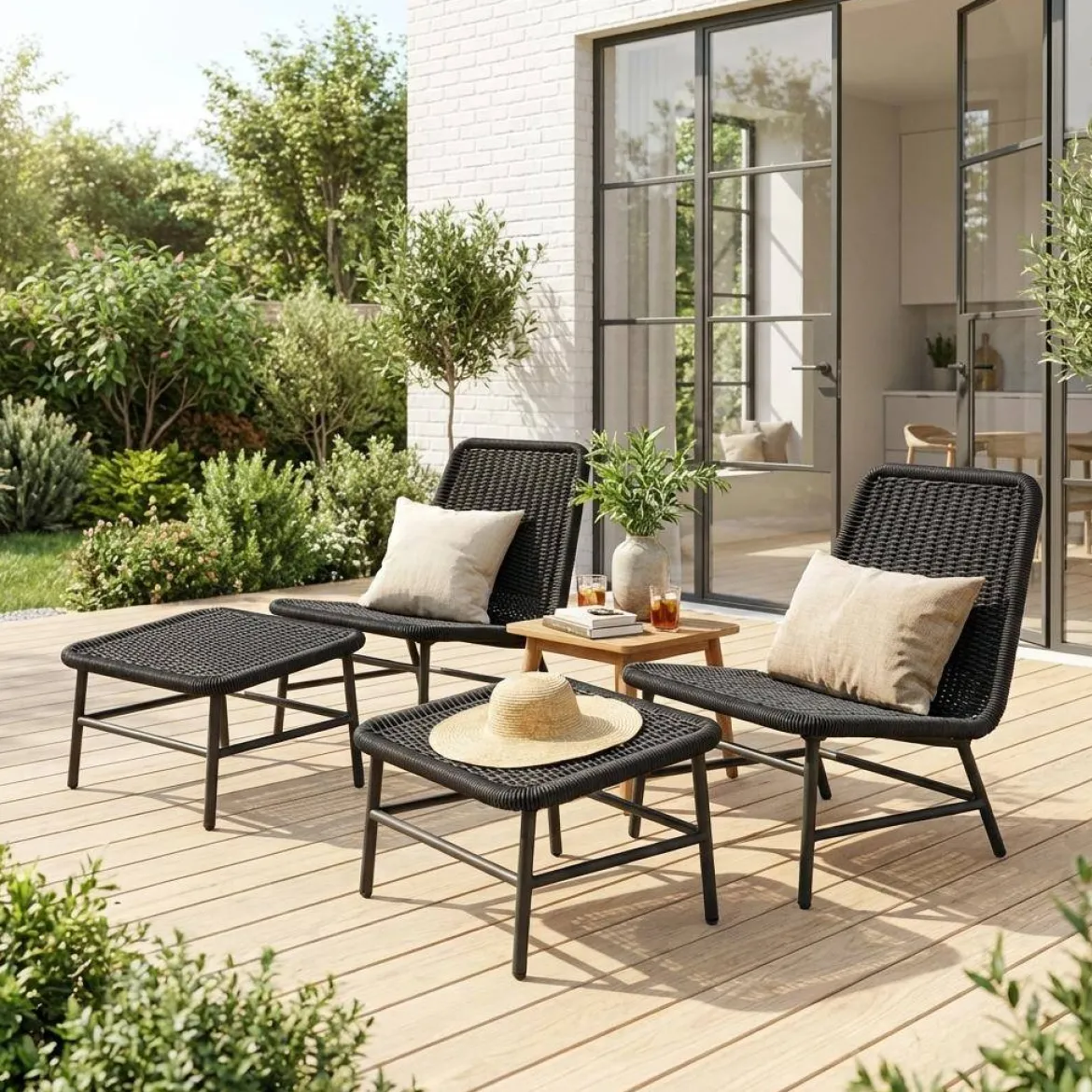 Set 2 poltrone da giardino con poggiapiedi in alluminio e corda