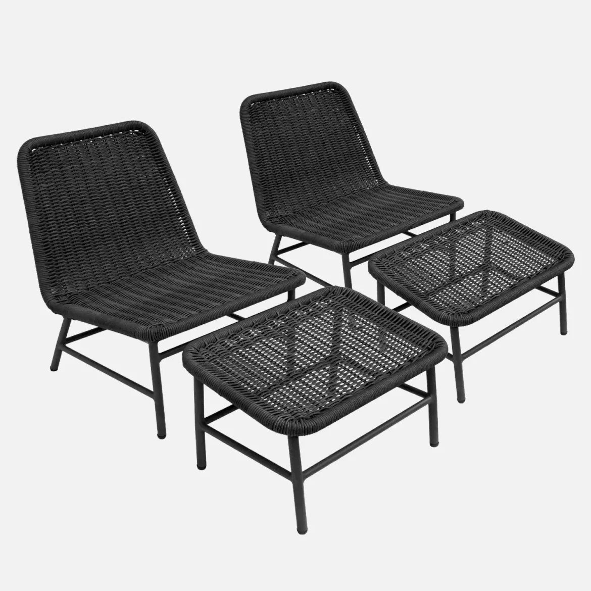 Set 2 poltrone da giardino con poggiapiedi in alluminio e corda