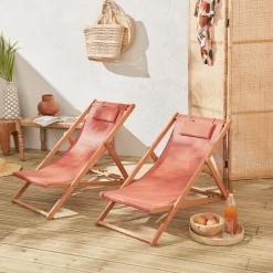Set 2 sedie sdraio in legno con cuscino poggiatesta