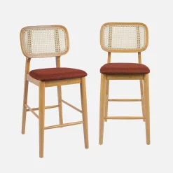 Set 2 sgabelli da bar in legno di hevea con impagliatura e tessuto, 66,5 cm