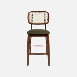 Set 2 sgabelli da bar vintage in legno di hevea con impagliatura e tessuto, 66,5 cm