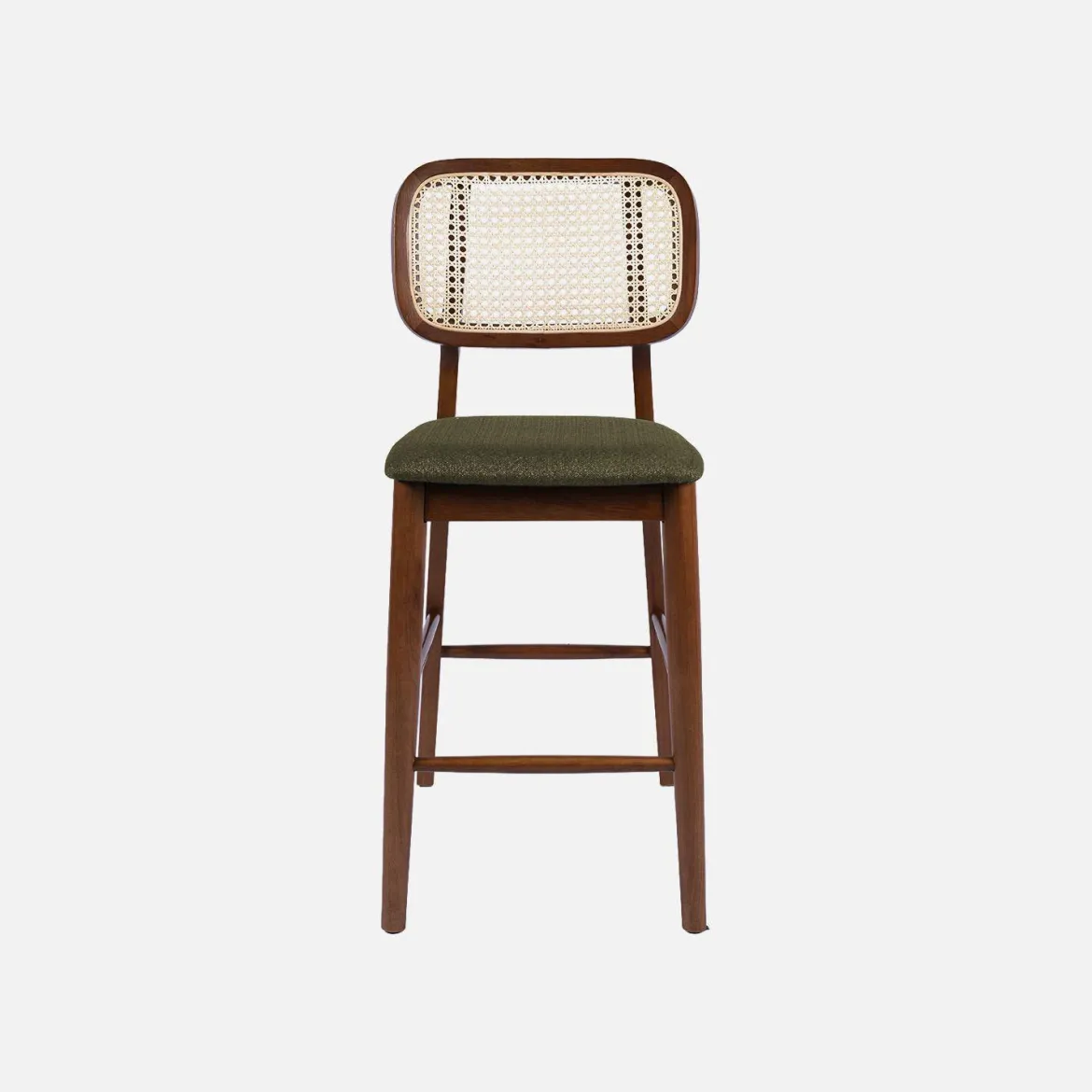 Set 2 sgabelli da bar vintage in legno di hevea con impagliatura e tessuto, 66,5 cm