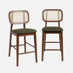 Set 2 sgabelli da bar vintage in legno di hevea con impagliatura e tessuto, 66,5 cm