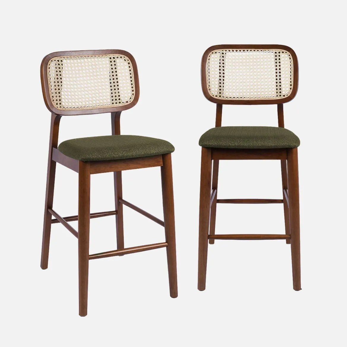 Set 2 sgabelli da bar vintage in legno di hevea con impagliatura e tessuto, 66,5 cm