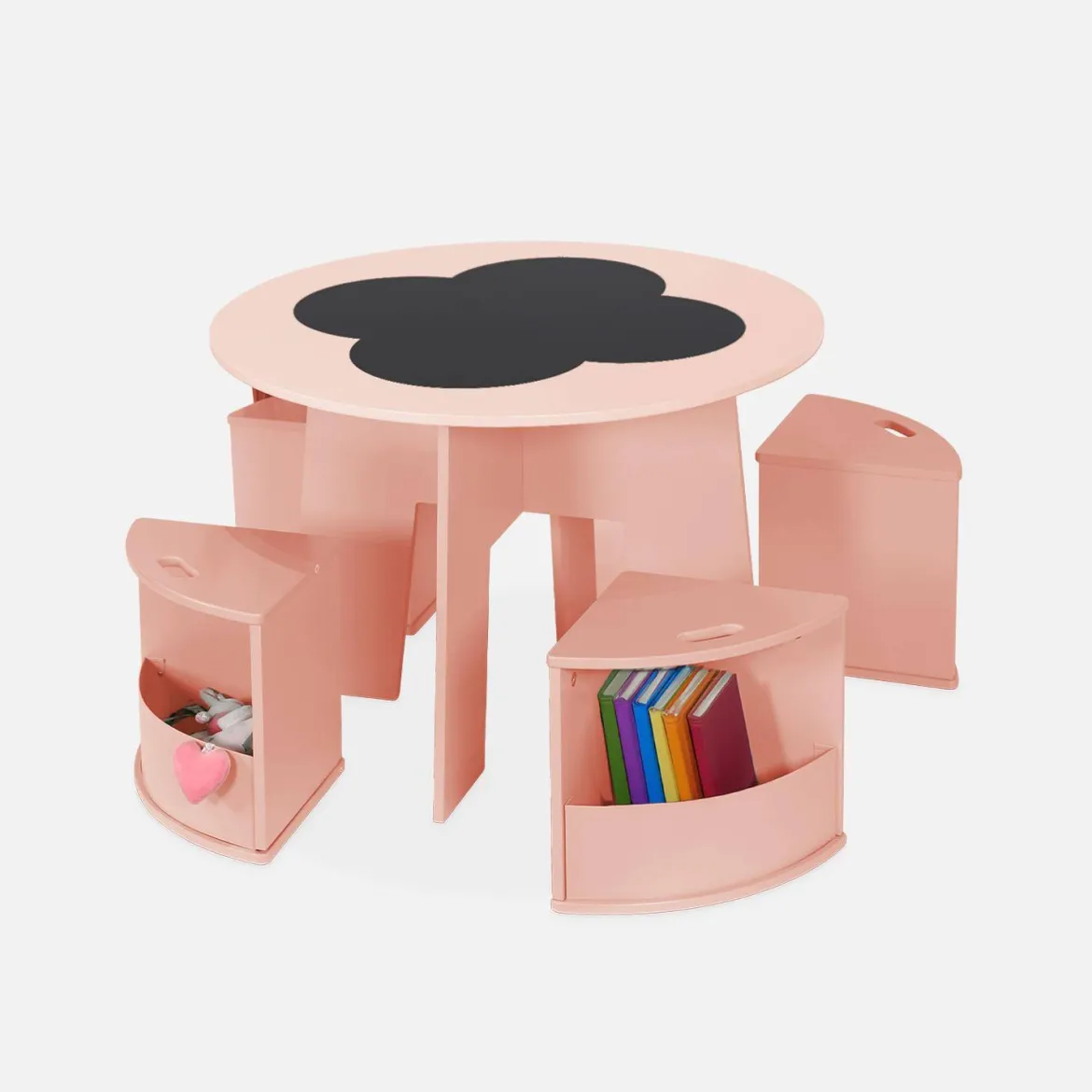 Set tavolo con ardesia e 4 sedie contenitore per bambini