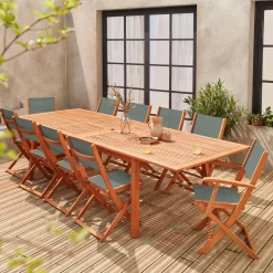 Set tavolo da giardino allungabile in legno con 10 sedie