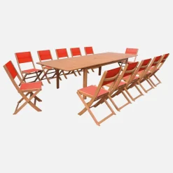Set tavolo da giardino allungabile in legno di eucalipto con 12 sedie
