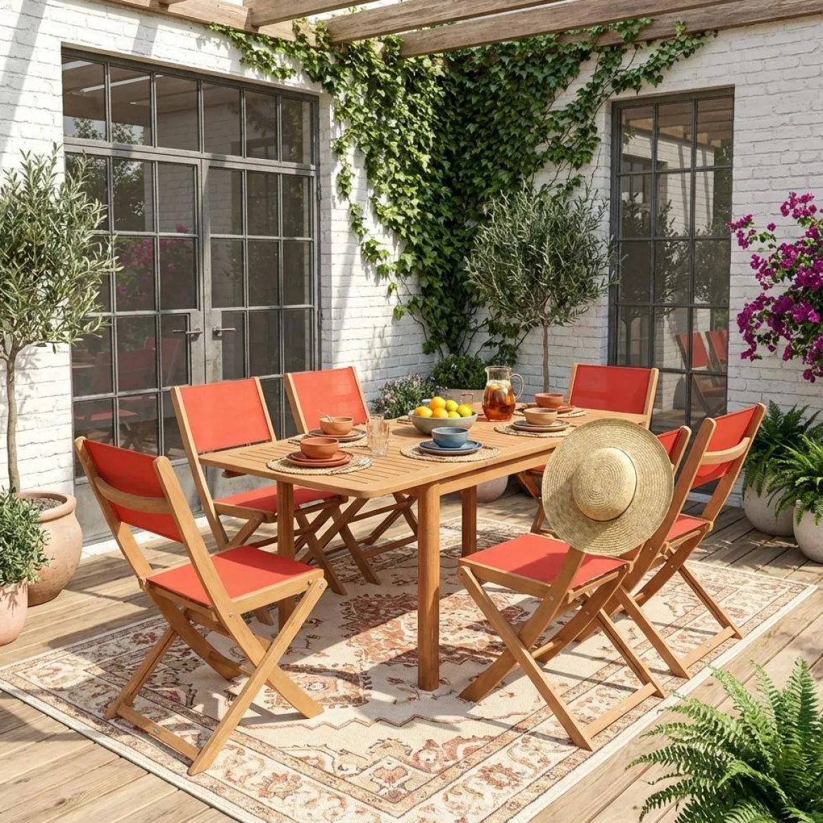 Set tavolo da giardino allungabile in legno di eucalipto con 6 sedie