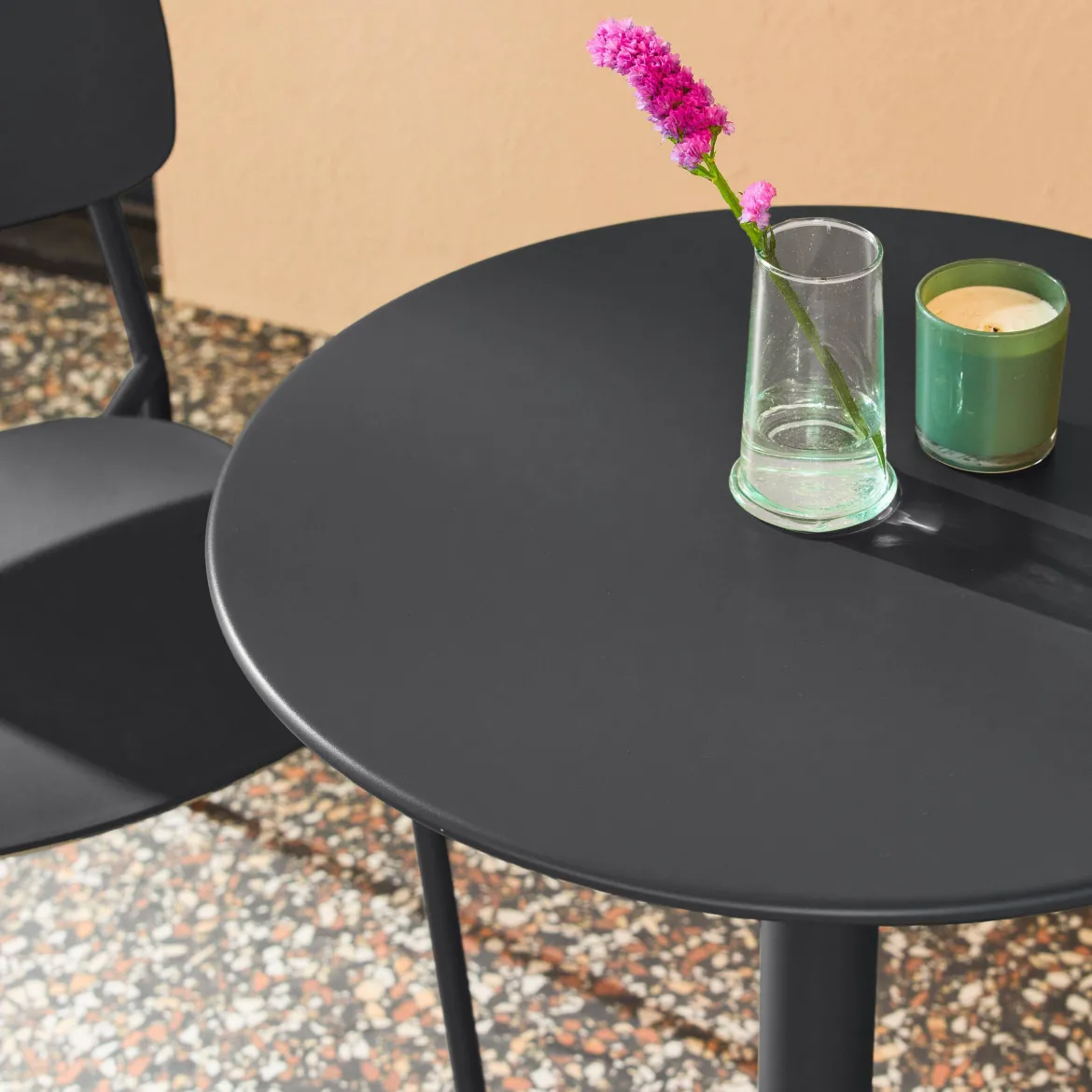 Set tavolo da giardino bistrot rotondo in acciaio con 2 sedie