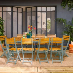 Set tavolo da giardino con angoli arrotondati in legno di acacia con 10 sedie