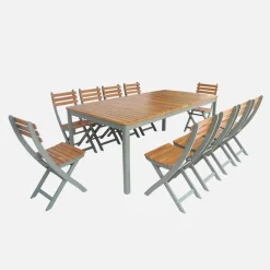 Set tavolo da giardino con angoli arrotondati in legno di acacia con 10 sedie