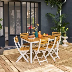 Set tavolo da giardino in acacia con angoli arrotondati con 6 sedie