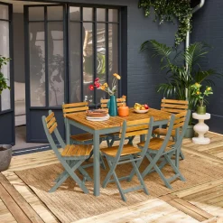 Set tavolo da giardino in acacia con angoli arrotondati con 6 sedie