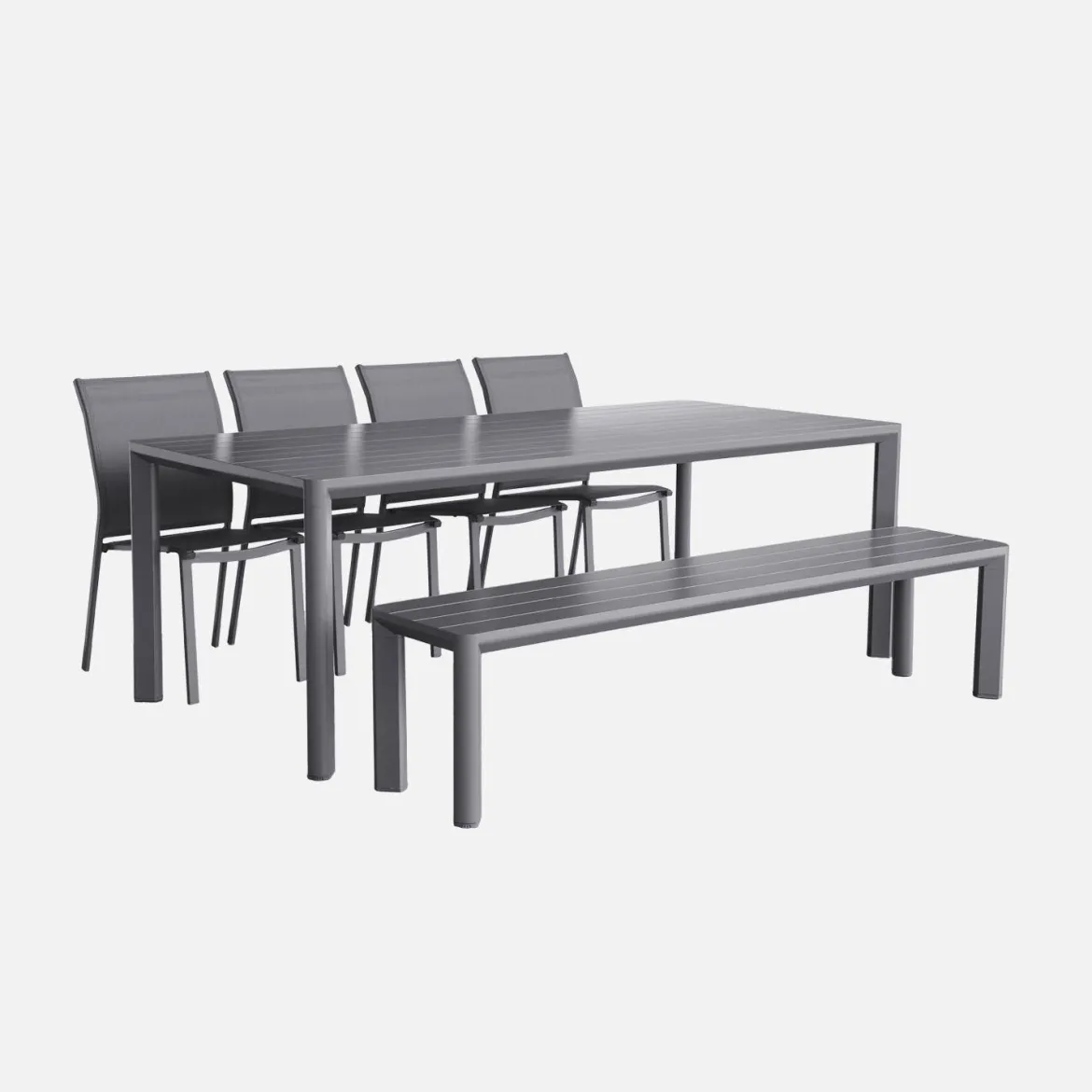 Set tavolo da giardino in alluminio e textilene con 1 panchina e 4 sedie