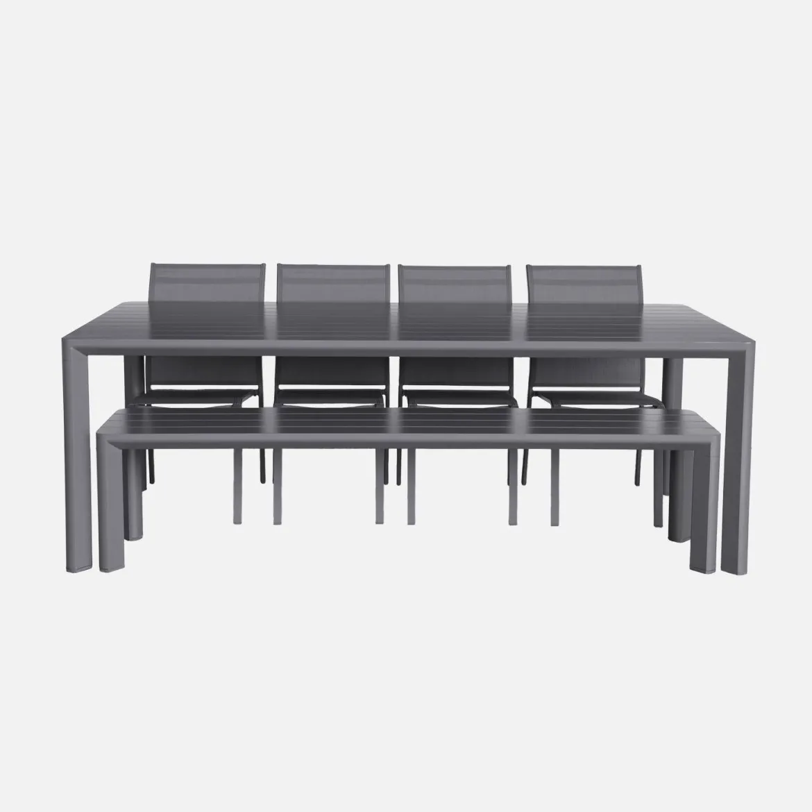 Set tavolo da giardino in alluminio e textilene con 1 panchina e 4 sedie