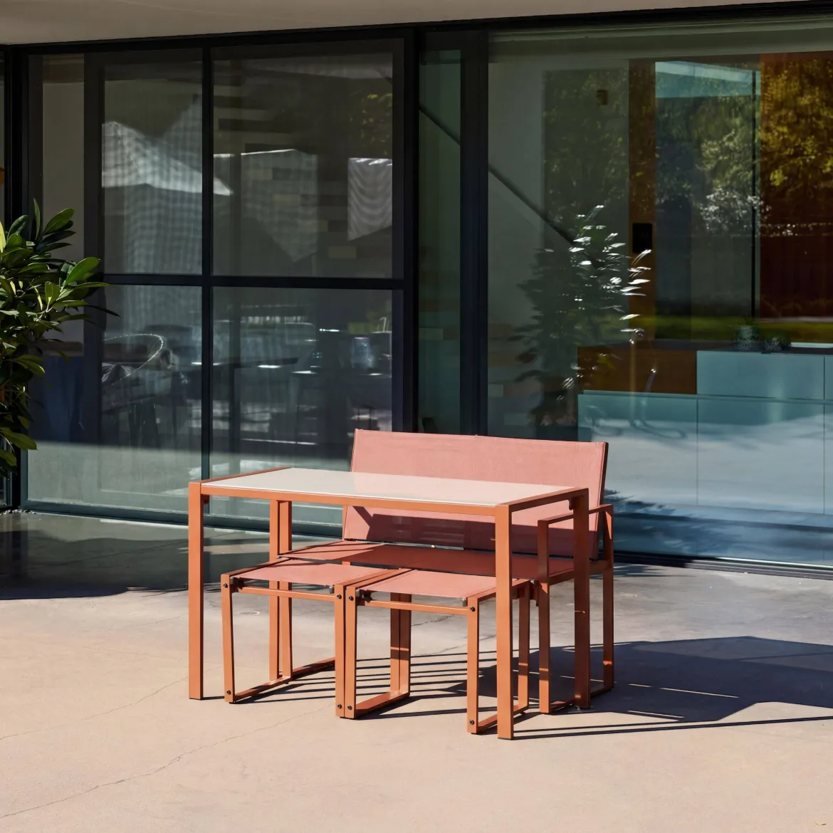 Set tavolo da giardino incastrabile in acciaio e textilene con 4 sedie