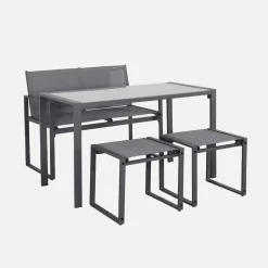Set tavolo da giardino incastrabile in acciaio e textilene con 4 sedie