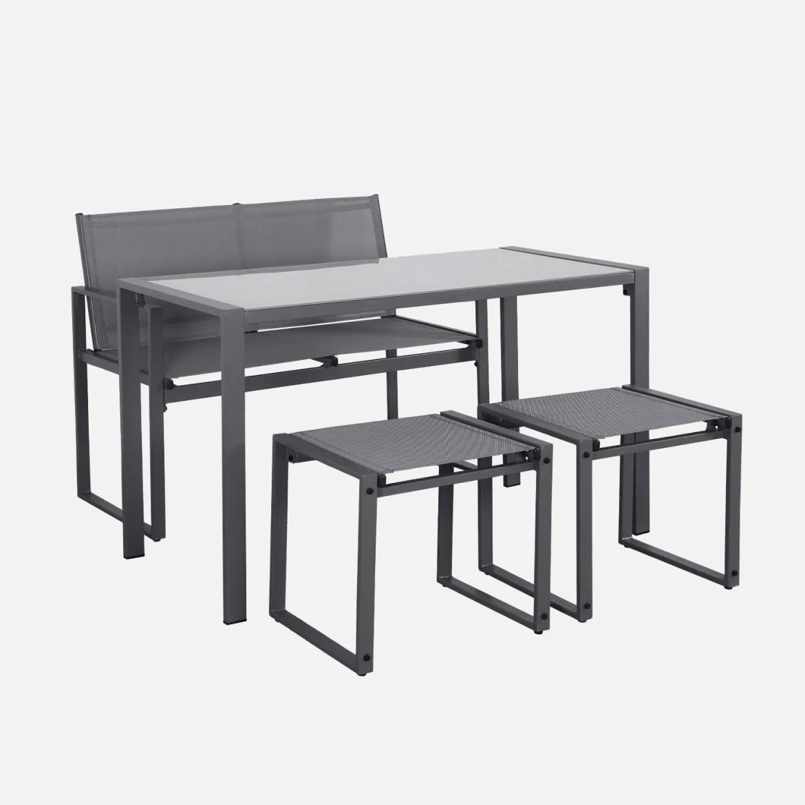Set tavolo da giardino incastrabile in acciaio e textilene con 4 sedie