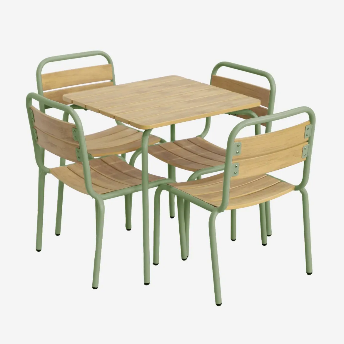 Set tavolo da giardino per bambini in acciaio e decorazione in legno con 4 sedie