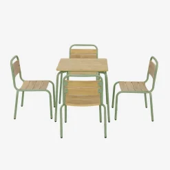 Set tavolo da giardino per bambini in acciaio e decorazione in legno con 4 sedie