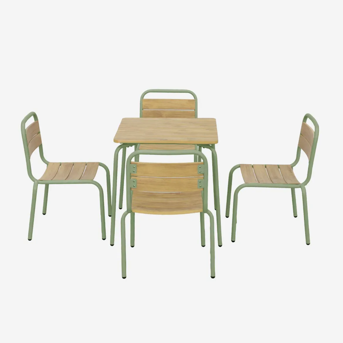 Set tavolo da giardino per bambini in acciaio e decorazione in legno con 4 sedie