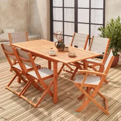 Set tavolo da giardino rettangolare allungabile in legno con 6 sedie