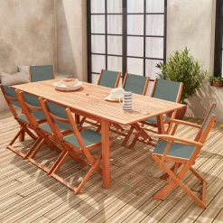 Set tavolo da giardino rettangolare allungabile in legno con 8 sedie
