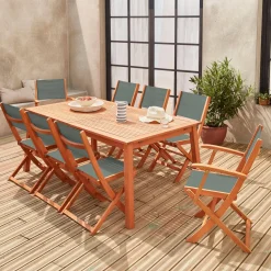 Set tavolo da giardino rettangolare allungabile in legno con 8 sedie