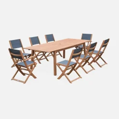 Set tavolo da giardino rettangolare allungabile in legno con 8 sedie