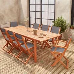 Set tavolo da giardino rettangolare allungabile in legno con 8 sedie