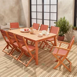 Set tavolo da giardino rettangolare allungabile in legno con 8 sedie