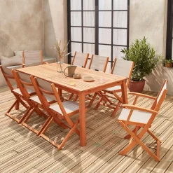 Set tavolo da giardino rettangolare allungabile in legno con 8 sedie