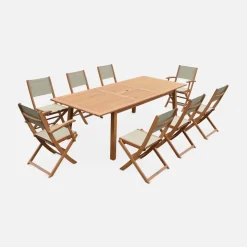 Set tavolo da giardino rettangolare allungabile in legno con 8 sedie