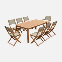 Set tavolo da giardino rettangolare allungabile in legno con 8 sedie