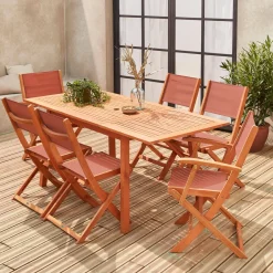 Set tavolo da giardino rettangolare allungabile in legno con 6 sedie
